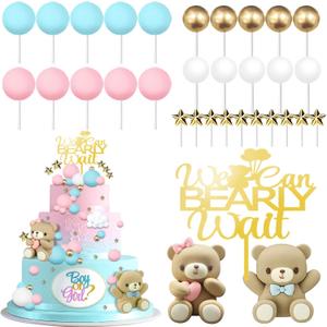 33 Pcs Bear Gender Reveal Cake Toppers, Pink and Blue Bear Cake Decorations with Stars, Pearl Balls, We Can Bearly Wait Cake Topper for Baby Shower, Boy or Girl, He or She Gender Reveal Party