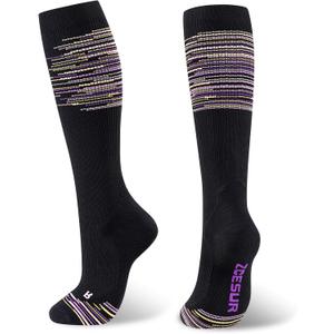 Knee High Compression Socks for Women & Men 20-30mmHg Nurses, Pregnancy, Travel, Running (Large-X-Large, Black/Purple/Colorful Stripes)