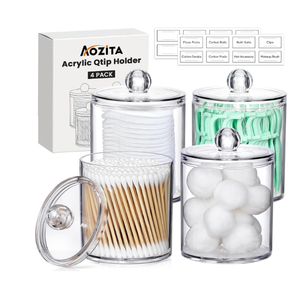 4 Pack Acrylic Qtip Holder Dispenser for Cotton Swabs, Balls, Pads, Floss Picks- Small Clear Acrylic Canister Apothecary Jar Set, Bathroom Essentials Accessories Decor, Vanity Makeup Storage Organizer