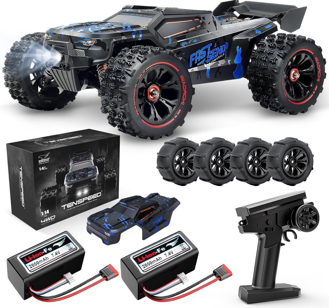 1:14 Scale RC Cars for Adults, 60KPH High Speed RC Truggy, 4X4 Off-Road Remote Control Truck, Waterproof Electric Car with 2S Battery, All Terrain RC Vehicle for Snow, Sand, Beach & Rocky Surfaces (Blue)
