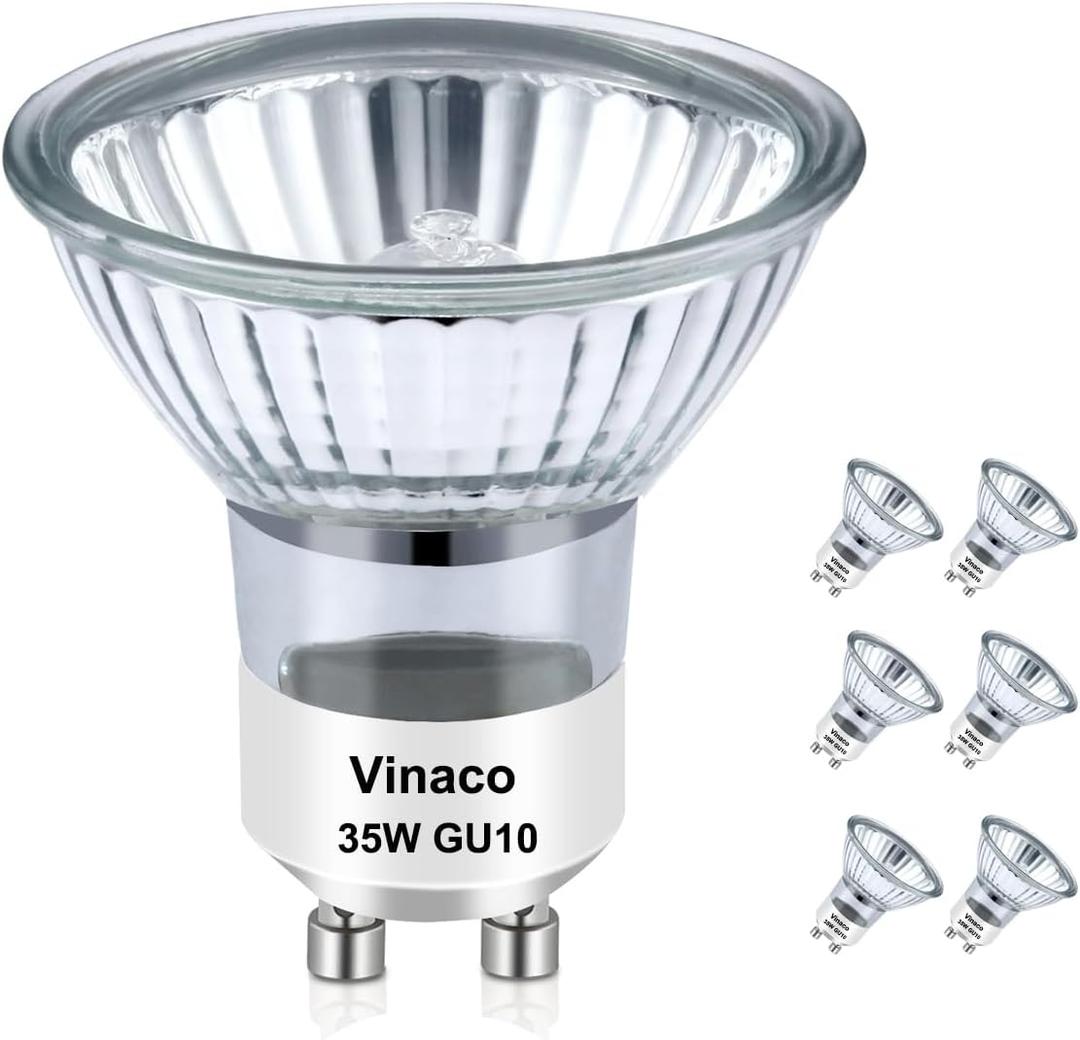 Vinaco GU10 Bulb, 6 Pack Halogen 120V 35W, Dimmable, MR16 GU10 Light Bulb with Long Lasting Lifespan, gu10+c for Track&Recessed Lighting, Gu10 Base Bulb, 35W MR16/FL/GU10, Warm White