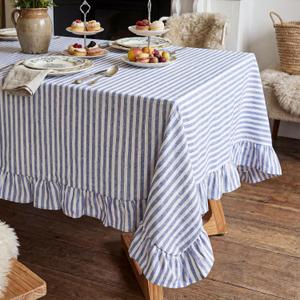 Scalloped Ruffle Tablecloths Embroidery Rectangle 84 x 60 Inches, Amalfi Stripe Design Blue and White Tablecloths for Dinners, Parties, Spring, Holiday, New Year, Machine Washable