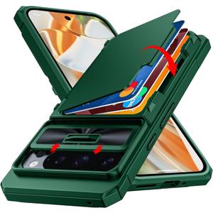 CENMASO for Google Pixel 9 Pro Case/Pixel 9 Case with Card Holder (4 Cards) & Sliding Camera Cover & KickstandRFID Blocking Full-Body Shockproof Wallet Phone Case for Pixel 9/9 Pro-Green