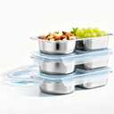 Bakpoco 3 Packs Stainless Steel Snack Containers For Kids Adults, 2 Compartment Reusable Metal Snack Boxes With Leak-Proof Lids, Compact Lunch Food Storage Container, 400ml