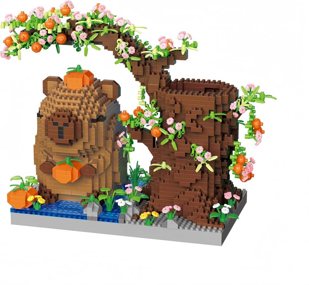 Cute Capybara Model Micro Mini Building Block Set with Flowers for Birthday Gifts Decorations Frame Pen Holder & a Gift Filled with Joy