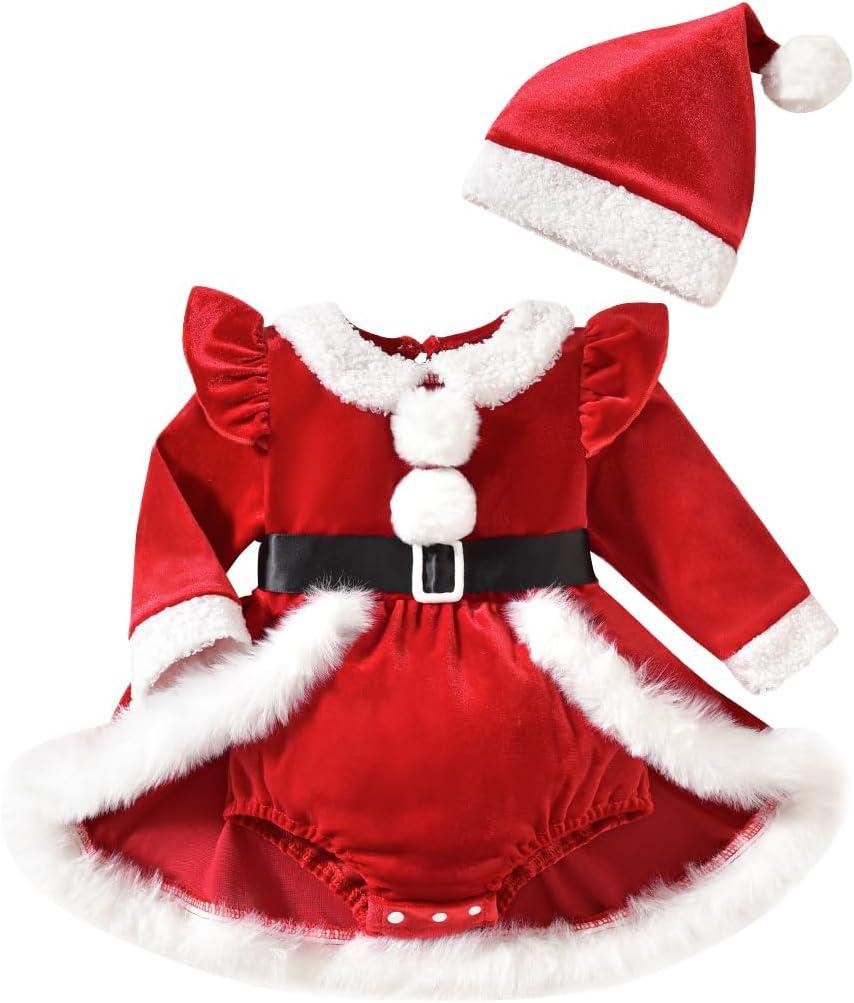 Toddler Baby Girl Christmas Dress Newborn Santa Claus Princess Dress Cute Long Sleeve Fur Romper Clothes (0-3 Months, Red)