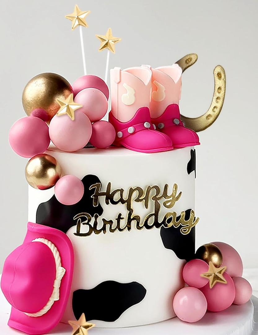 JeVenis Cowgirl Cake Topper Cowboy Western Decorations Cowgirl Hat Birthday Cake Topper Cowgirl Boots Cow Balls Cake Decor (Pink)