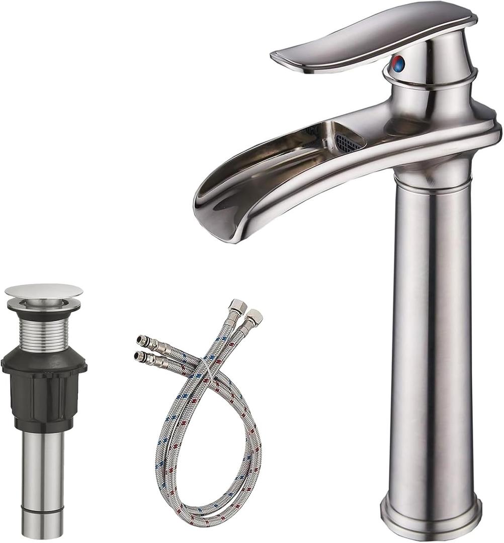 Bathroom Vessel Sink Faucet Brushed Nickel, Waterfall Bathroom Faucet, Tall Bathroom Faucet, Single Hole Single Handle Vessel Faucet Bowl Sink with Pop Up Drain Combo Mixer Tap Commercial