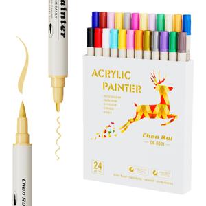 2 x 24 Colors Acrylic Paint Pens With Gold and Siliver Mettallic Color, Dual Tip Brush and Fine, Acrylic Markers for Rock Painting, Wood, Canvas, Fabric, Paper, DIY Crafts Making Art Supply