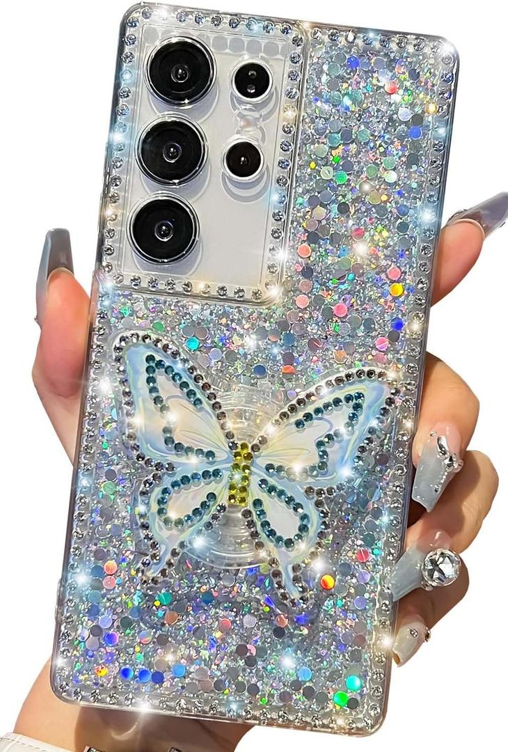 Cute Compatible with Samsung Galaxy S23 Ultra 6.8 inch Girly Case, Bling Glitter Diamond Butterfly Kickstand Case, Soft Silicone Cases for Women(Silver)