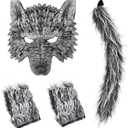 Wolf Mask with Tail and Gloves, Wolf Costume and Werewolf Mask for Mens Women Kids Halloween Party Dress Up, Cosplay (Grey)