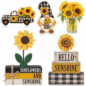 11 Pcs Sunflower Table Decorations Sunflower Tiered Tray Decorations Set Car Gnome Stack Signs Sunshine Farmhouse Rustic Table Tiered Tray Decor for Home Party