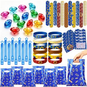 72PCS Hedgehog Themed Party Set, Blue Birthday Party Favors with Bubble Wands, Slap Bracelets, Wristbands, Diamond Gems, Invitation Cards and Gift Bags for Goody Bags, Pinata Fillers