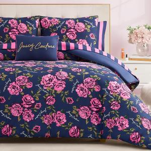 Juicy Couture Rose Logo Queen Comforter Set, Navy/Pink  8-Piece Complete Bed in a Bag