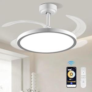 BAYSQUIRREL Slim Retractable Ceiling Fan with Lights and Remote/APP Control, 6 Speed Dimmable Reversible Memory, 42 Inch Modern Silent Smart Fan for Bedroom Living Room Dinning Room (White)