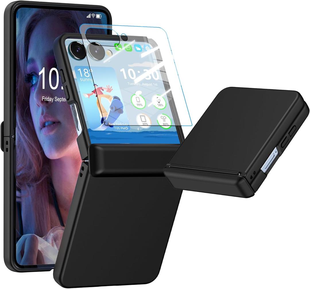 Designed for Galaxy Z Flip 7 Case with Hinge Protection & Tempered Glass Screen Protector for Samsung Flip 7 Full Cover Phone Protection Case - Black