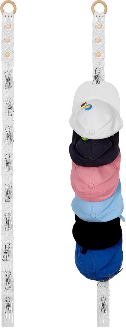 Windyun 2 Pcs Boho Hat Rack for Baseball Caps, Holds up to 20 Hats, Macrame Hat Hangers Wall Mounted, Hanging Cap Holder over Door for Caps Decoration and Display