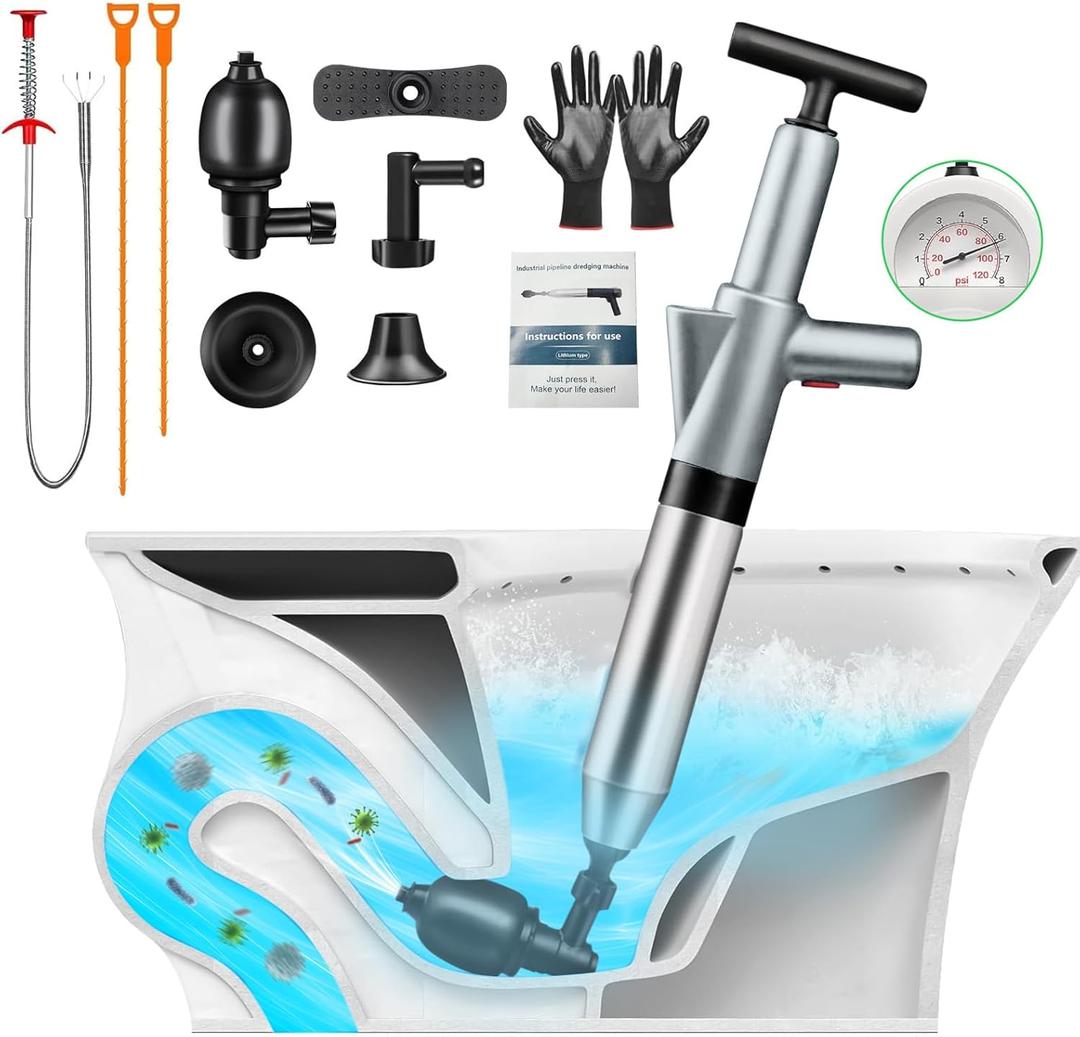 High Pressure Toilet Plunger, Toilet Snake Air Drain Blaster with Real -Time Barometer, Heavy Duty Drain Clog Remover for Bathroom, Floor, Shower, Kitchen Clogged (Gery-Manual)