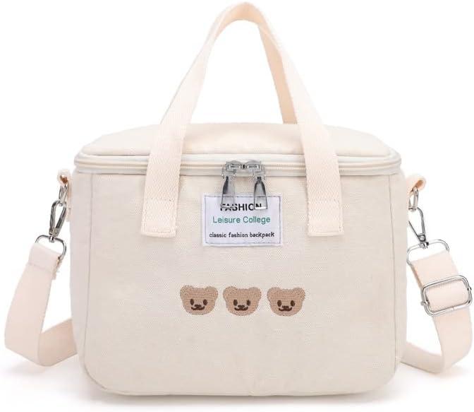Kawaii Lunch Bag Cute Bears Lunch Box Reusable Thermal Cooler Lunch Tote Bag for Back to School Supplies (White)