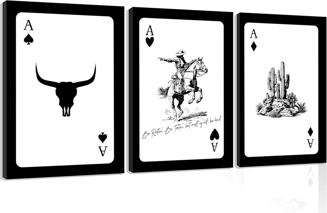 3Pcs Western Cowboy Canvas Wall Art Rustic Southwestern Poster Retro Western Aesthetic Pictures Playing Card Prints Longhorn Bull Skull Painting Cactus Wall Decor for Bedroom Living Room Framed (black and white)