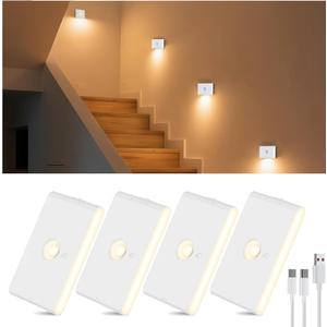 Rechargeable Stair Night Lights Indoor with Motion Sensors, Small Battery Powered Stairway Lights for Bathroom, Hallway, Underbed, Toilet, Magnetic Mount, 4 Pack (3.2INCH)