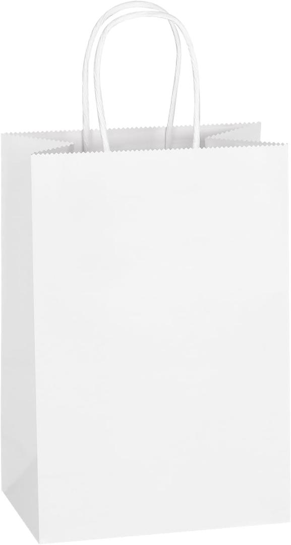 Mlyta 300 Pack 5.25x3.25x8.5 Inch Small White Kraft Paper Gift Bags with Handles Bulk for Goodie, Party Favor Brithday Grocery Shopping, Small Business Wedding Retail Craft Treat, Merchandise Sacks, 1 Count