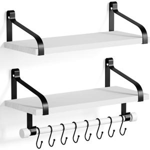 Love-KANKEI Floating Shelves for Coffee Bar,Bathroom Shelves with Wood Bar, Wall Shelves with 8 Hooks for Kitchen, 17.3 Inch Storage Shelves Set of 2 for Bedroom,Living RoomWhite