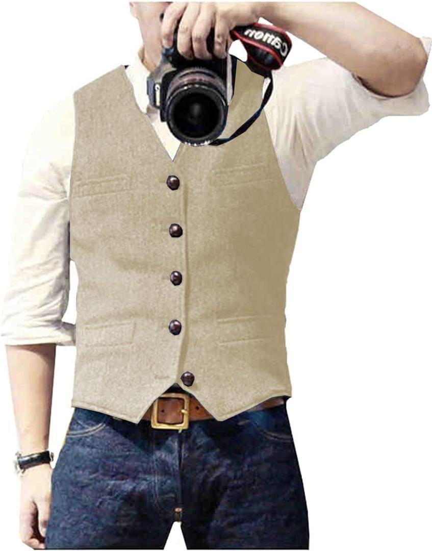 Ceehuteey Men's Suit Vest Waistcoat Tweed Retro V Neck Wool Herringbone for Prom (Small, Champagne)