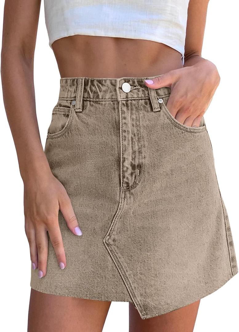 imesrun Womens Mini Denim Skirts Causal High Waisted Cute Asymmetrical Hem Summer Short Jean Skirts with Pockets (6, Khaki)