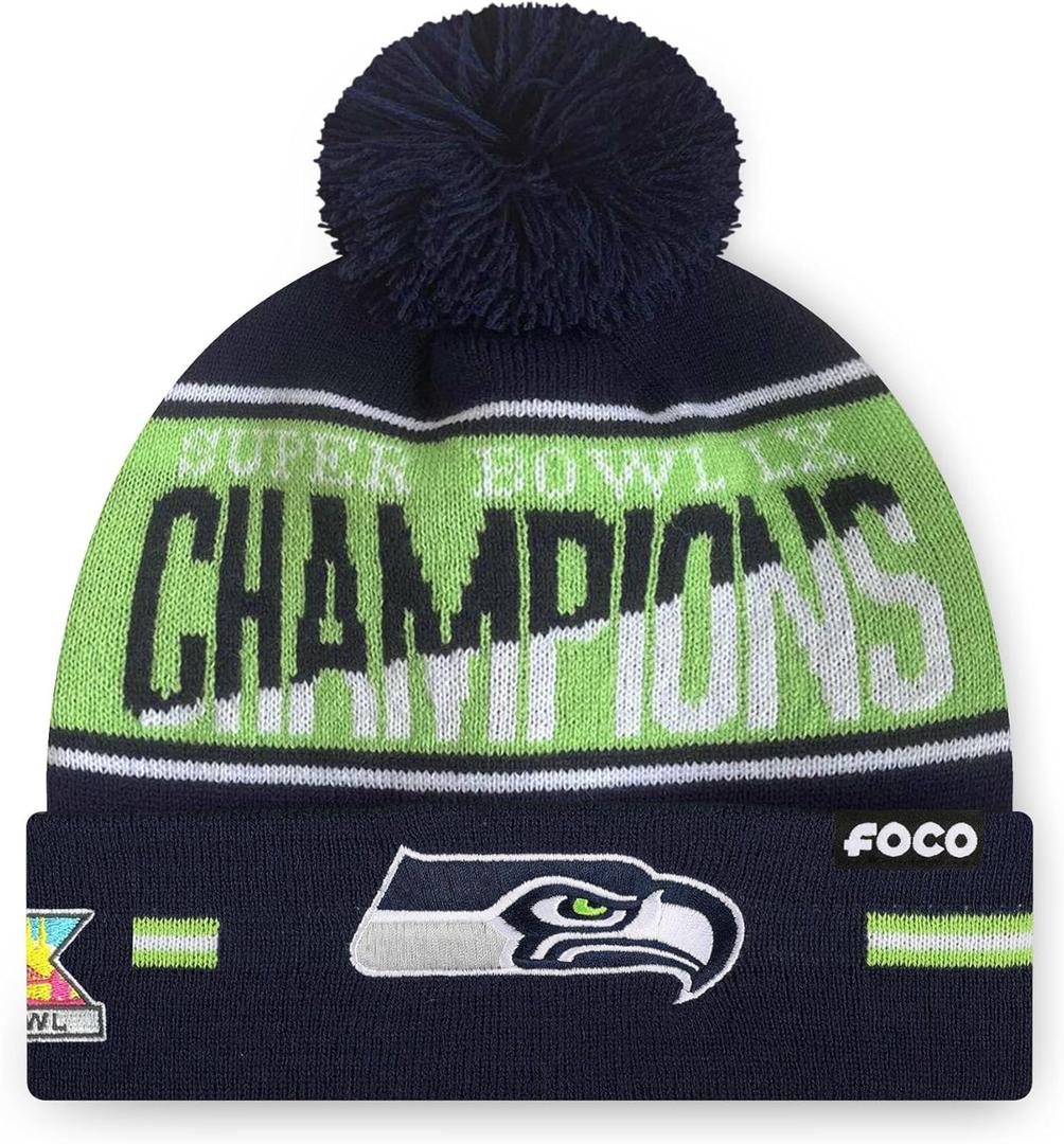 FOCO Seattle Seahawks NFL Super Bowl LX Champions Big Wordmark Stripe Pom Beanie, One Size