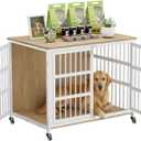 42" Furniture Style Large Dog Crate with Wheels, Metal Chew-Resistant Dog Kennel Indoor for Large & Medium Dogs, 41.9" W x 28.3" D x 31.7" H, Decorate House as TV Stand, End Table Natural and White