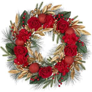 Artificial Red Christmas Wreath for Front Door 24-26 Inch Christmas Wreath with Norfolk Pine Cones Berries Gold Leaves Red Flower and Ornaments Winter Wreaths for Xmas Home Decor Indoor Outdoor Party