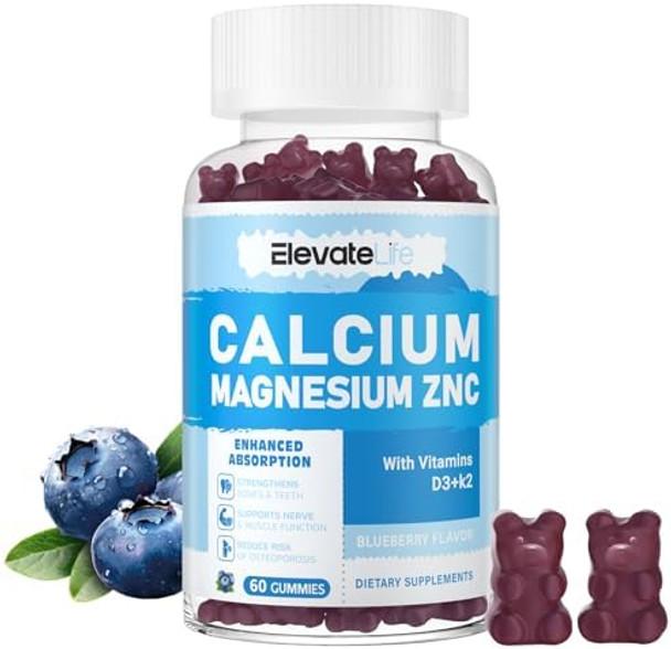 Calcium Magnesium Zinc Gummies with Vitamin D3 & K2 High Potency Enhanced Absorption 60 Blueberry Gummies Flavored Best Before August 2026