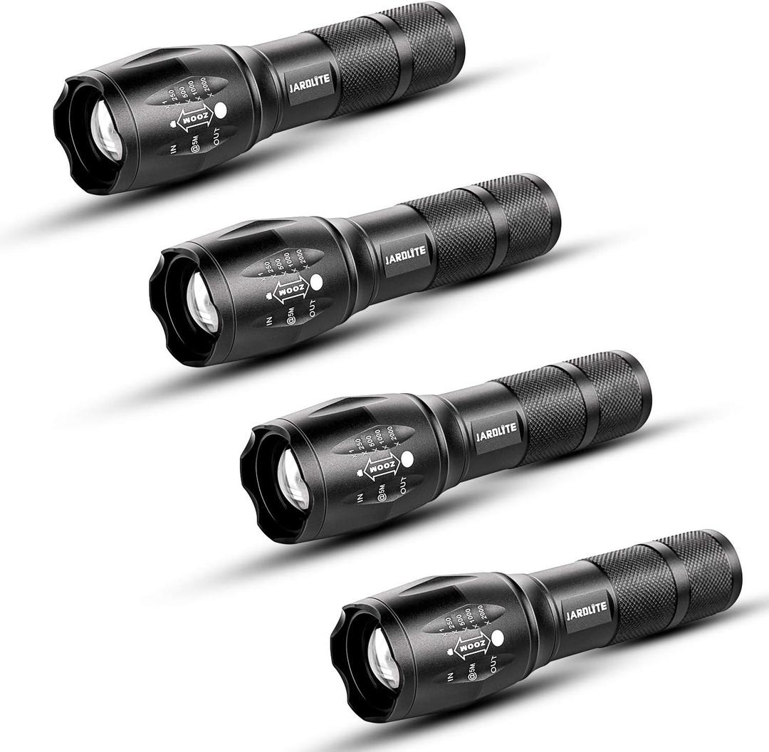 JARDLITE LED Emergency Handheld Flashlight, 4 Pack, Adjustable Focus, Water Resistant with 5 Modes, Best Tactical Torch for Hurricane, Camping, Dog Walking, 4pack L1000