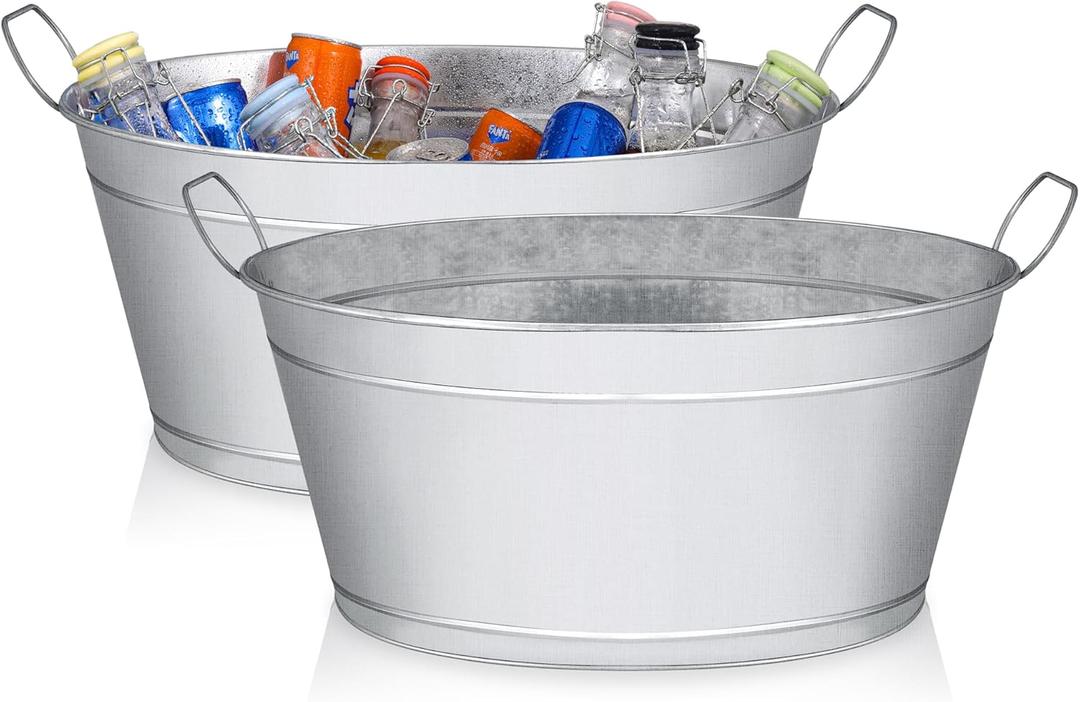 Large 6-Gallon Galvanized Tin Beverage Tub, 20x14x10 inches (Pack of 2)