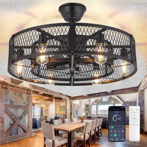 DLLT Caged Ceiling Fan with Lights: 26" Bladeless Fandelier Ceiling Fans with Light and Remote - Black Industrial Chandelier Enclosed Fan Light for Bedroon Living Dining Room Kitchen