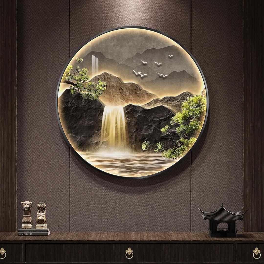 Large LED Mountain Waterfall Wall Art for Living Room, Framed Round Modern Lighted Landscape Picture Artwork for Walls, Backlit Nature Wall Decor for Hallway, Dining Room, Entryway, Office, 30x30 Inch, 29.5"L x 29.5"W