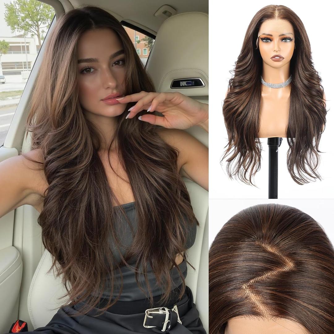 13 * 4 HD Lace Front Wig for Women, Chestnut Brown with Auburn Highlights,26 Inch Heat Resistant Synthetic Wavy Hair, Glueless Lace Wigs for Daily, Party&Date