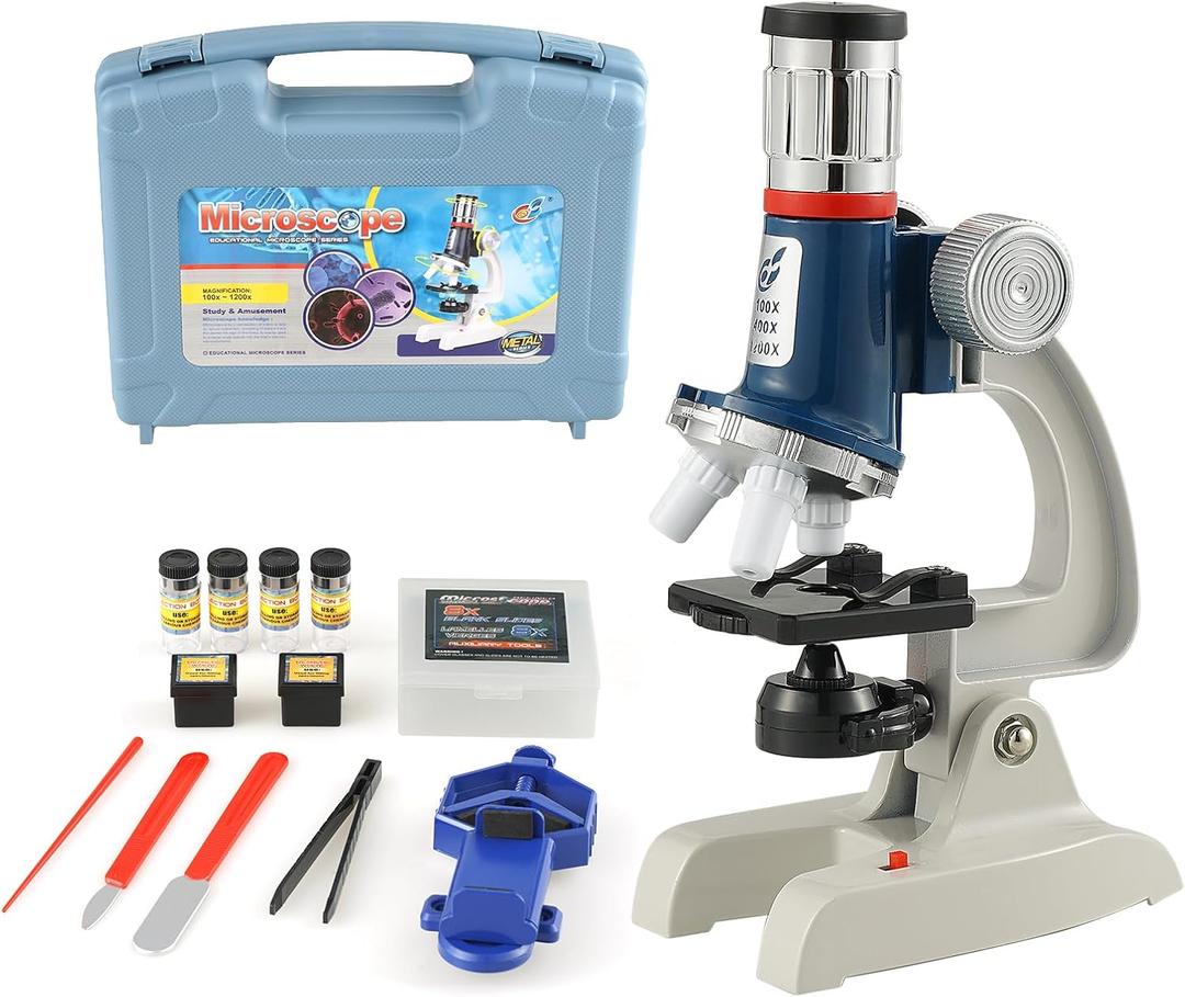 Metal Microscope for Kids - 100X 400X 1200X Beginner Microscopes kit with Led Light, Include 12PCS Sameple Prepared Slides, Science Educational Gift and Toy for Boy&Girl Birthday Halloween Christmas (Blue)