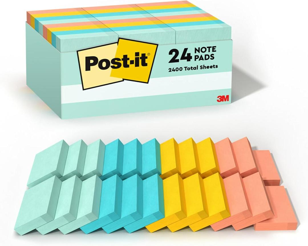 Post-it Notes, 1 3/8 in x 1 7/8 in, 24 Sticky Note Pads, 100 Sheets per Pad, Beachside Caf Collection, New Year Organization or Second Semester School Supplies