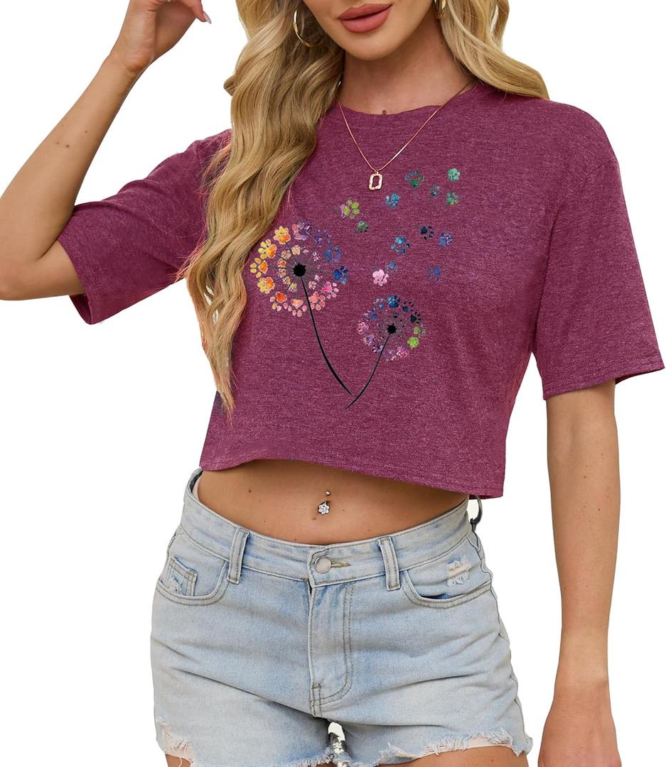 Womens Crop Tops Cute USA Graphic Tees Casual Rock Band Cropped T-Shirts Summer Beach Clothes Teen Girls (Purple, XL)