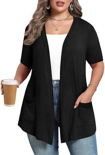 ZHUHOUSE Women's Plus Size Lightweight Long Sleeve Casual Soft Open Front Cardigan 2026 Summer Cover ups with Pockets Size 2XL, Short SLeeve, Black