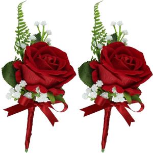 Rinlong 2Pcs Red Rose Boutonnieres with Pins for Groom, Groomsmen | Fall Wedding, Prom, Homecoming