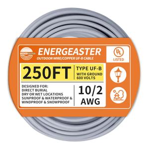 10/2 UF-B Wire 250FT Pure Copper Direct Burial Cable, Sunlight & Moisture Resistant, Ideal for Outdoor Lighting & Pump Installations & Residential Indoor Electrical Projects