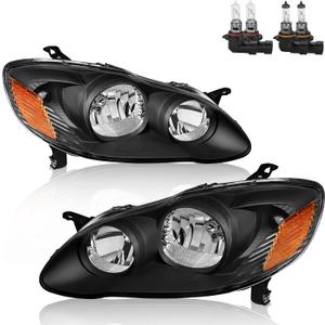 KUIPERAUTO Headlights Assembly Compatible for 2003-2008 Toyota Corolla Halogen with Clear Lens Black Housing Amber Reflector Head Lamps Left and Right Side (Set of 2)