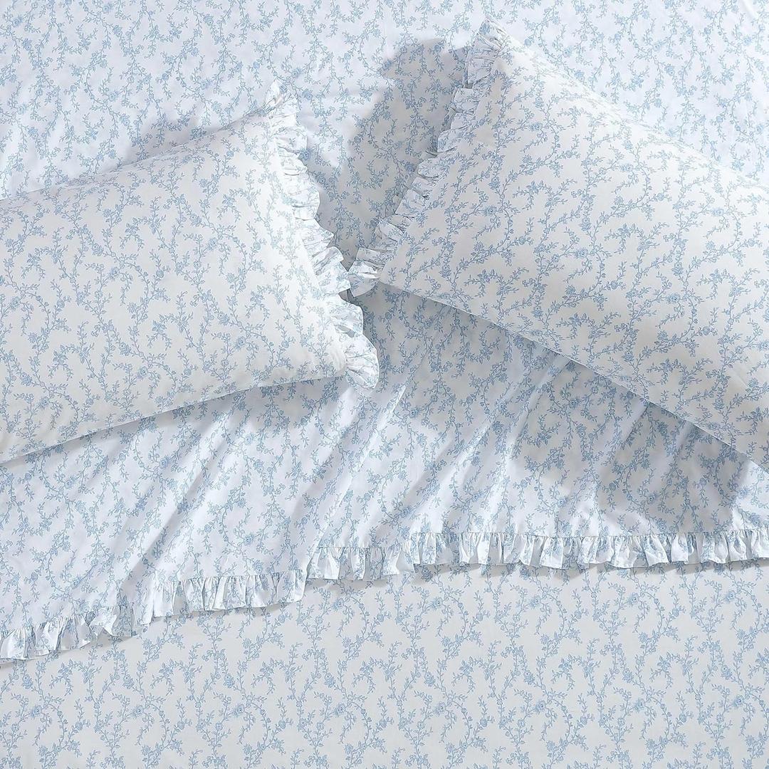 Laura Ashley - King Pillowcase Set, Breathable Percale Cotton Bedding, Floral Home Decor (Victoria Blue, 2 Piece)