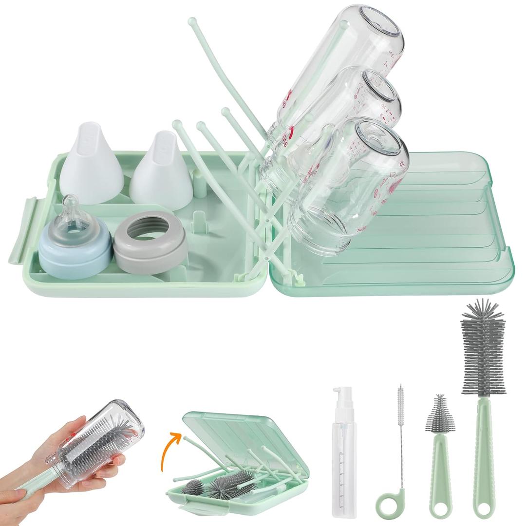 Bottle Brush Set -Baby Travel Essential-6 in 1 Bottle Cleaner Kit with Silicone Bottle Brush,Nipple Cleaner Brush,Straw Brush,Soap Dispenser,Storage Box,Bottle Drying Rack for Home and Travel (Green)