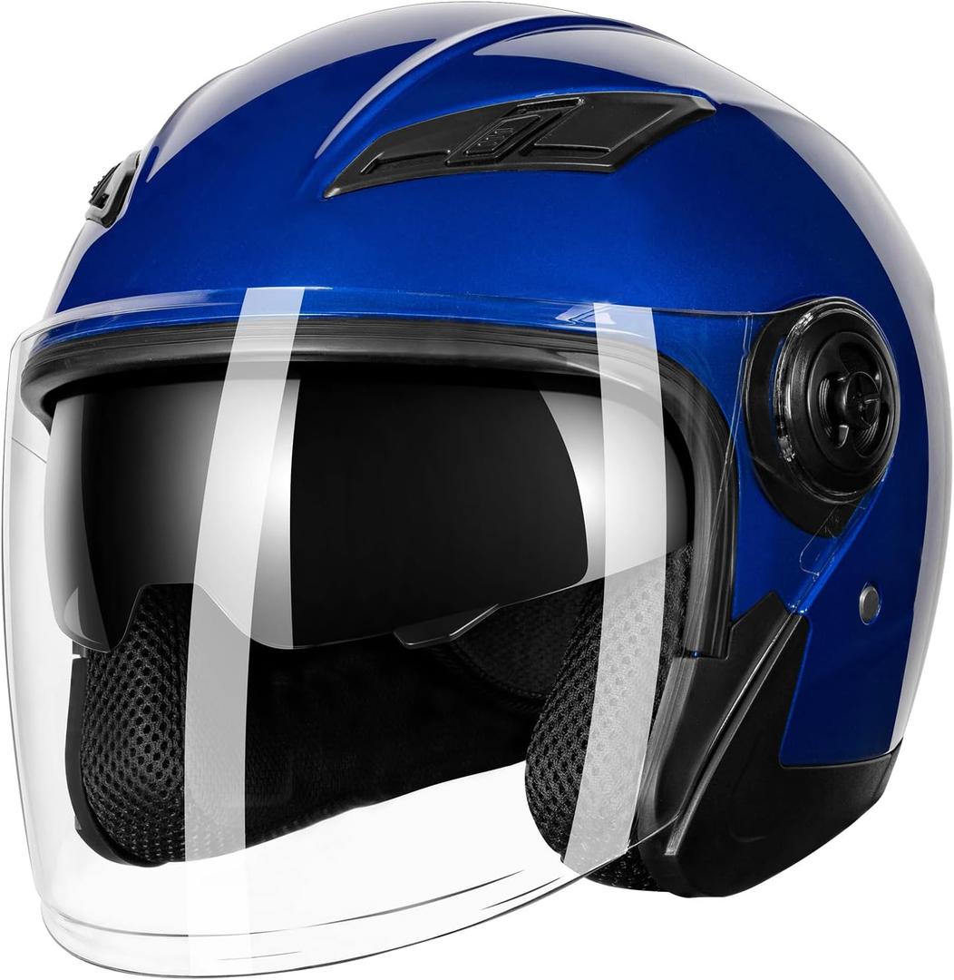 Adult 3/4 Open Face Motorcycle Helmet, Double Visor Motorbike Scooter Ebike Moped Cruiser Helmets for Men and Women DOT Approved