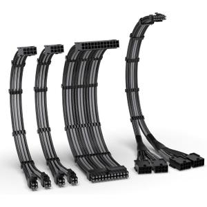EZDIY-FAB PCIE 5.0 12VHPWR Sleeved Cable Kit, 16AWG Power Supply Cable Extension, 24PIN-ATX/(4+4) PIN-EPS/(12+4) PIN to 4X 8 PIN PCIE- RTX4090/4080/4070Ti Extension Cable- Black/Grey