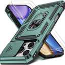 Case for iPhone 15 Pro Max with Slide Camera Cover+Screen Protector(2 Packs), Military Grade Shockproof Protective Cover, Rotated Ring Kickstand(B - Dark Green)